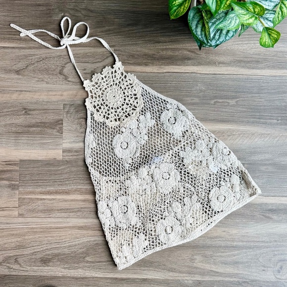 Zara Boho Ecru Floral Cotton Crochet Halter Strappy Top Size S - Picture 2 of 16